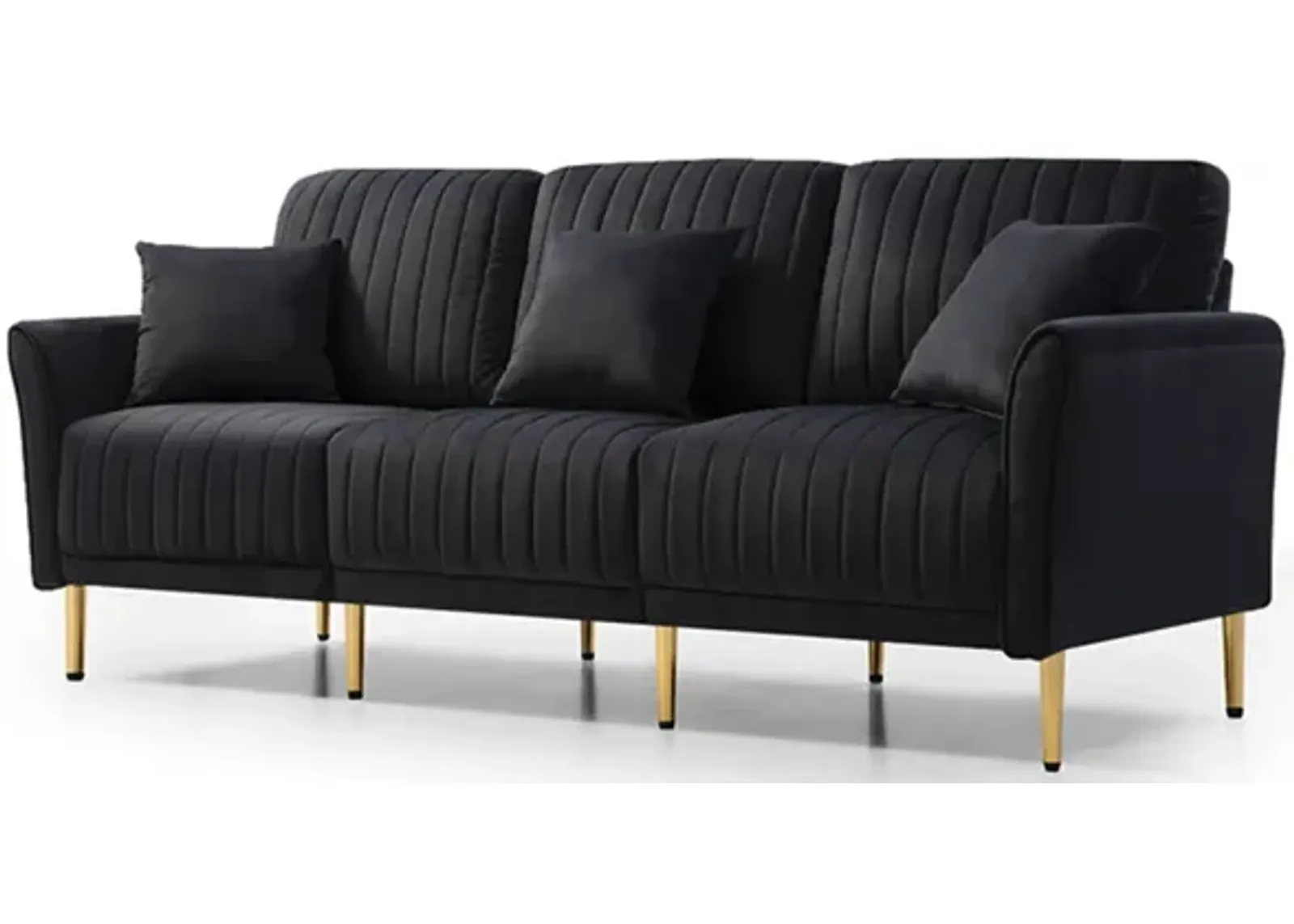 Mid-Century Tufted 3-Seat Sofa with Pillows, Black