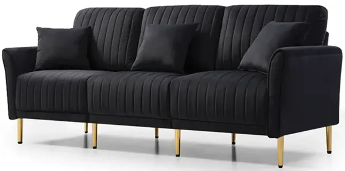 Mid-Century Tufted 3-Seat Sofa with Pillows, Black