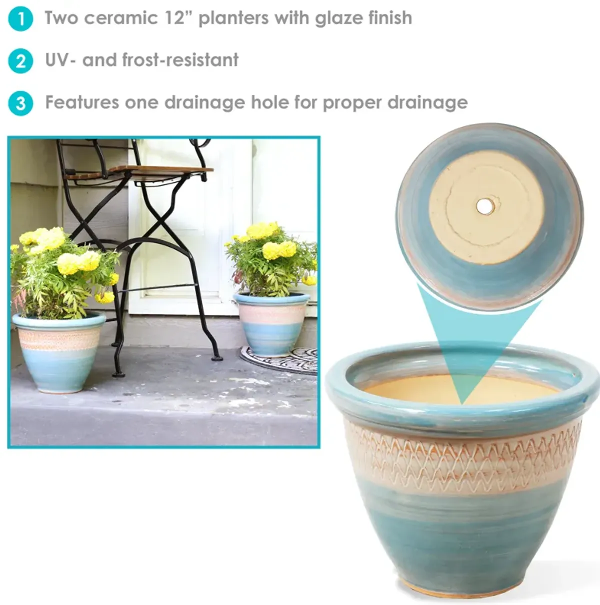 Sunnydaze Purlieu Ceramic Planter - 12" - Set of 2