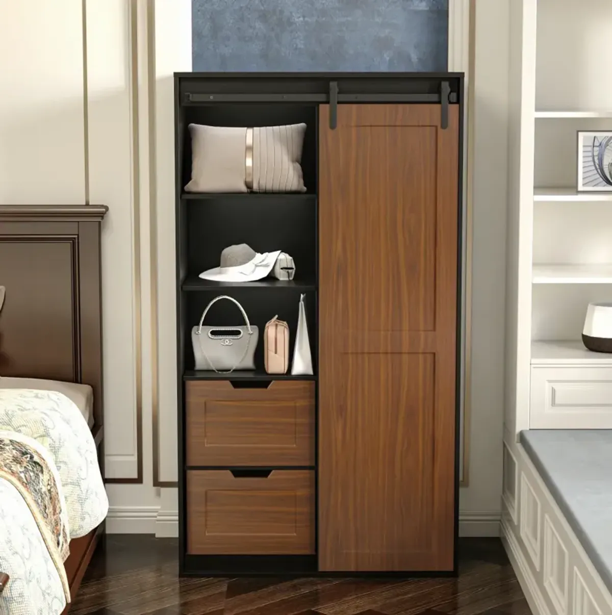 71" High Wardrobe & Cabinet Locker with Sliding Barn Door