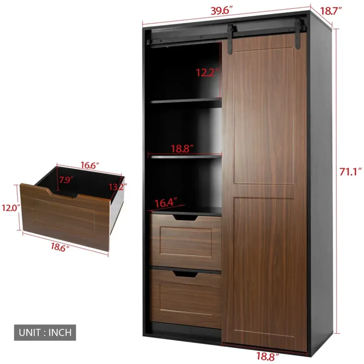 71" High Wardrobe & Cabinet Locker with Sliding Barn Door