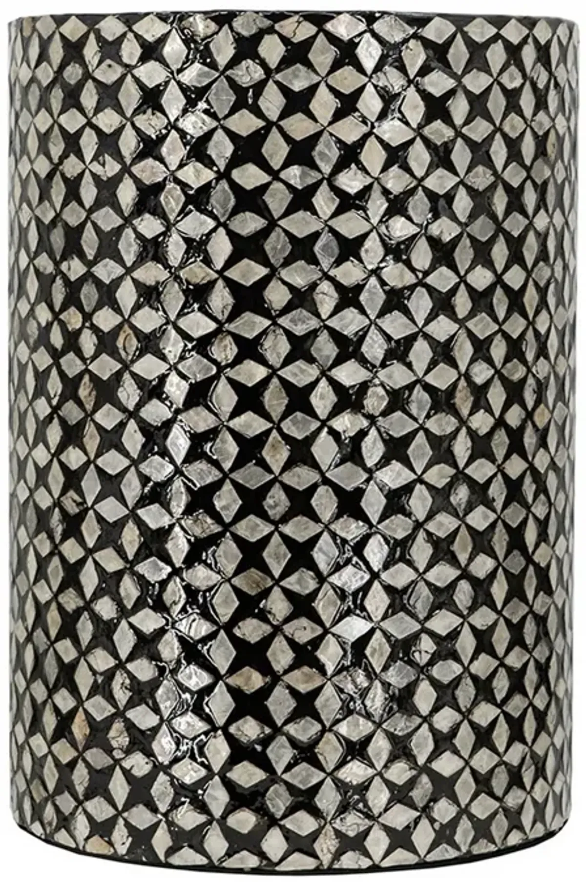 20 Inch Capiz Accent Stool Table, Cylindrical Geometric, Silver, Black - Benzara