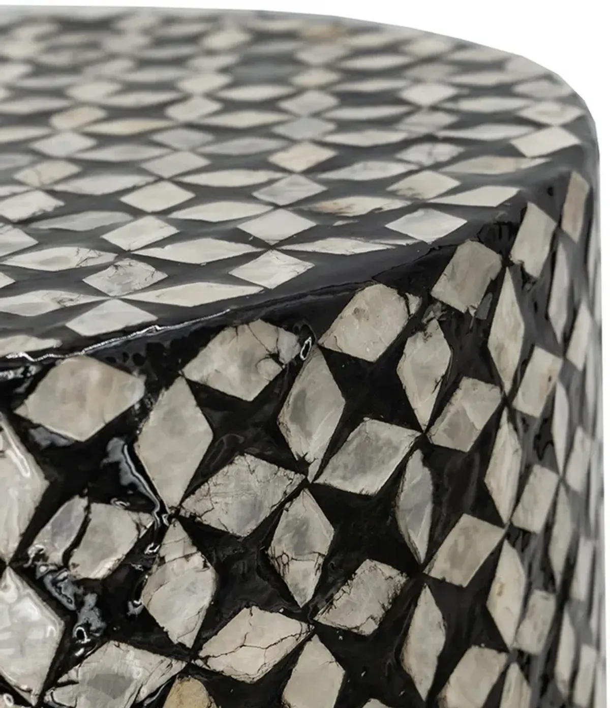 20 Inch Capiz Accent Stool Table, Cylindrical Geometric, Silver, Black - Benzara