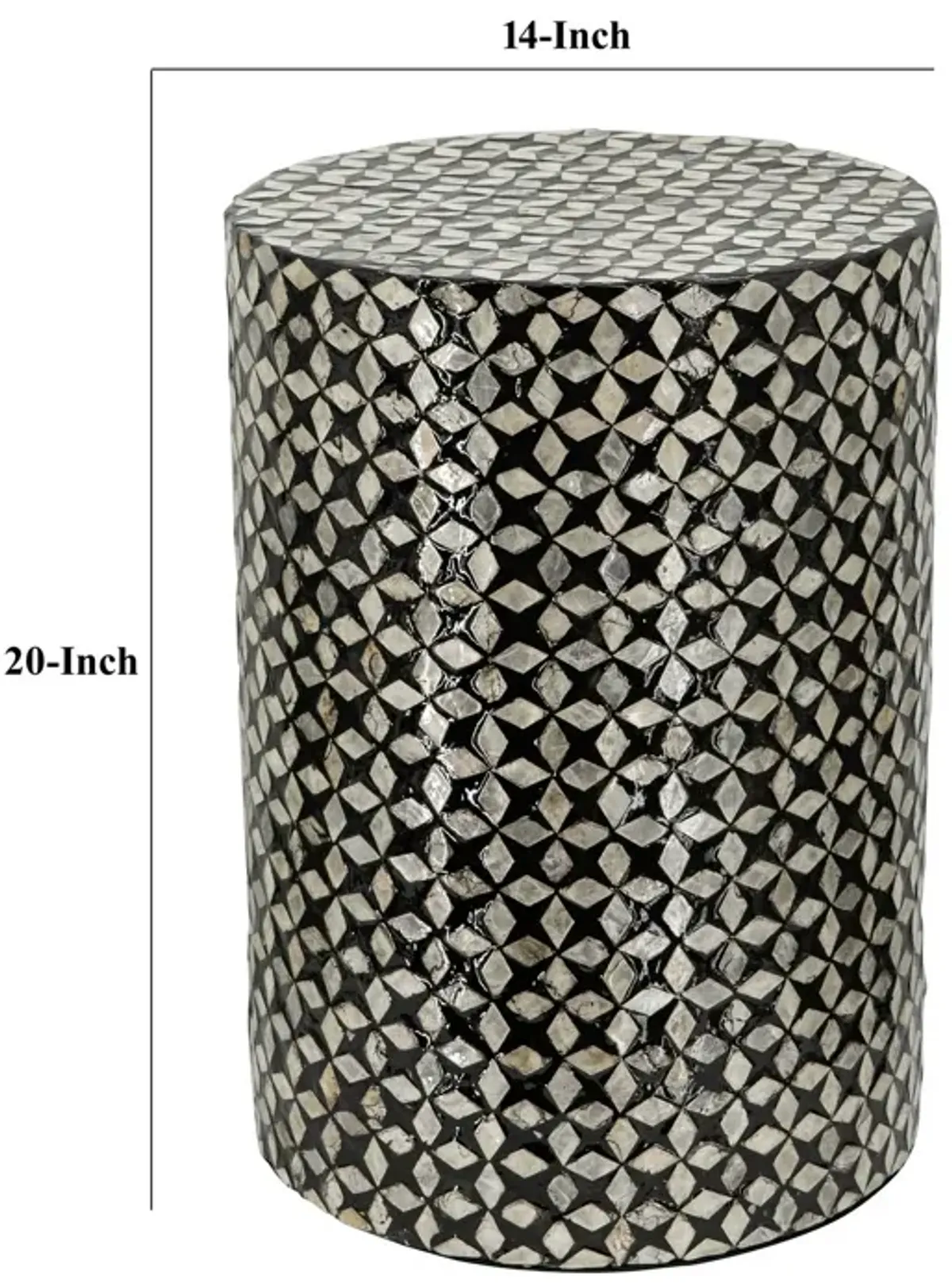 20 Inch Capiz Accent Stool Table, Cylindrical Geometric, Silver, Black - Benzara