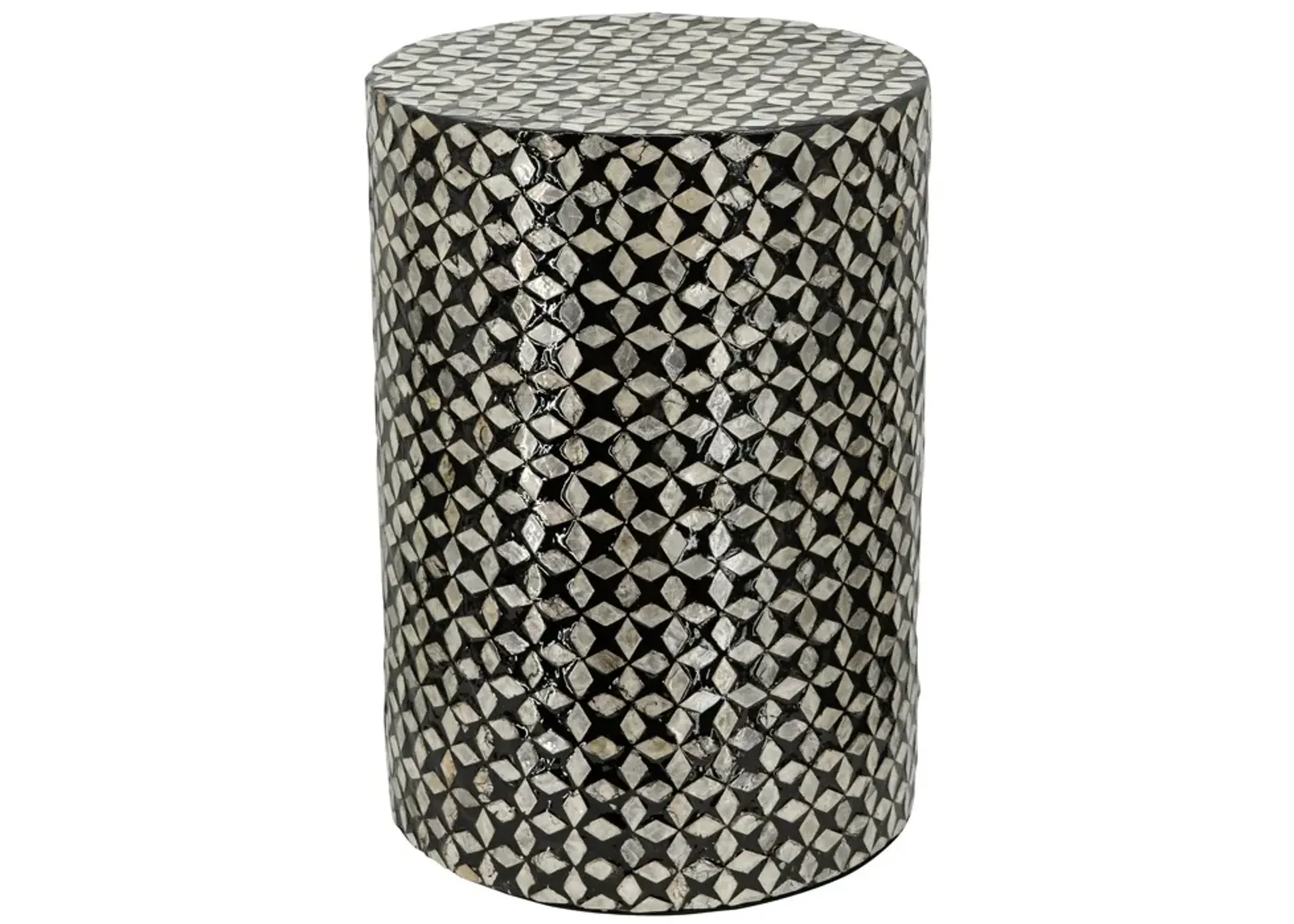 20 Inch Capiz Accent Stool Table, Cylindrical Geometric, Silver, Black - Benzara