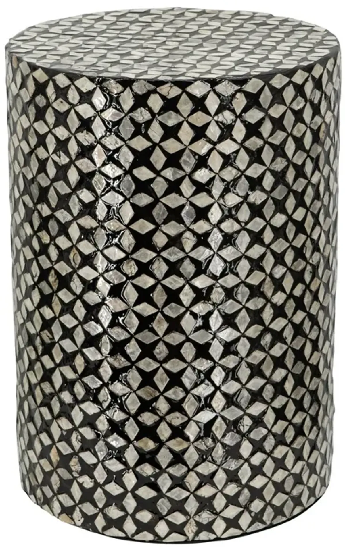 20 Inch Capiz Accent Stool Table, Cylindrical Geometric, Silver, Black - Benzara