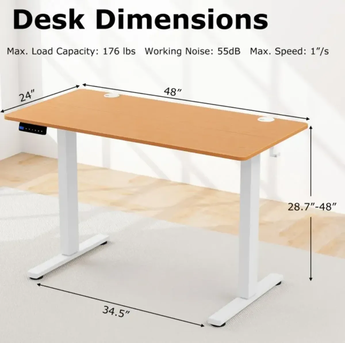 Hivvago Electric Standing Desk with 3 Memory Height Settings and 2 Hanging Hooks & Cable Management