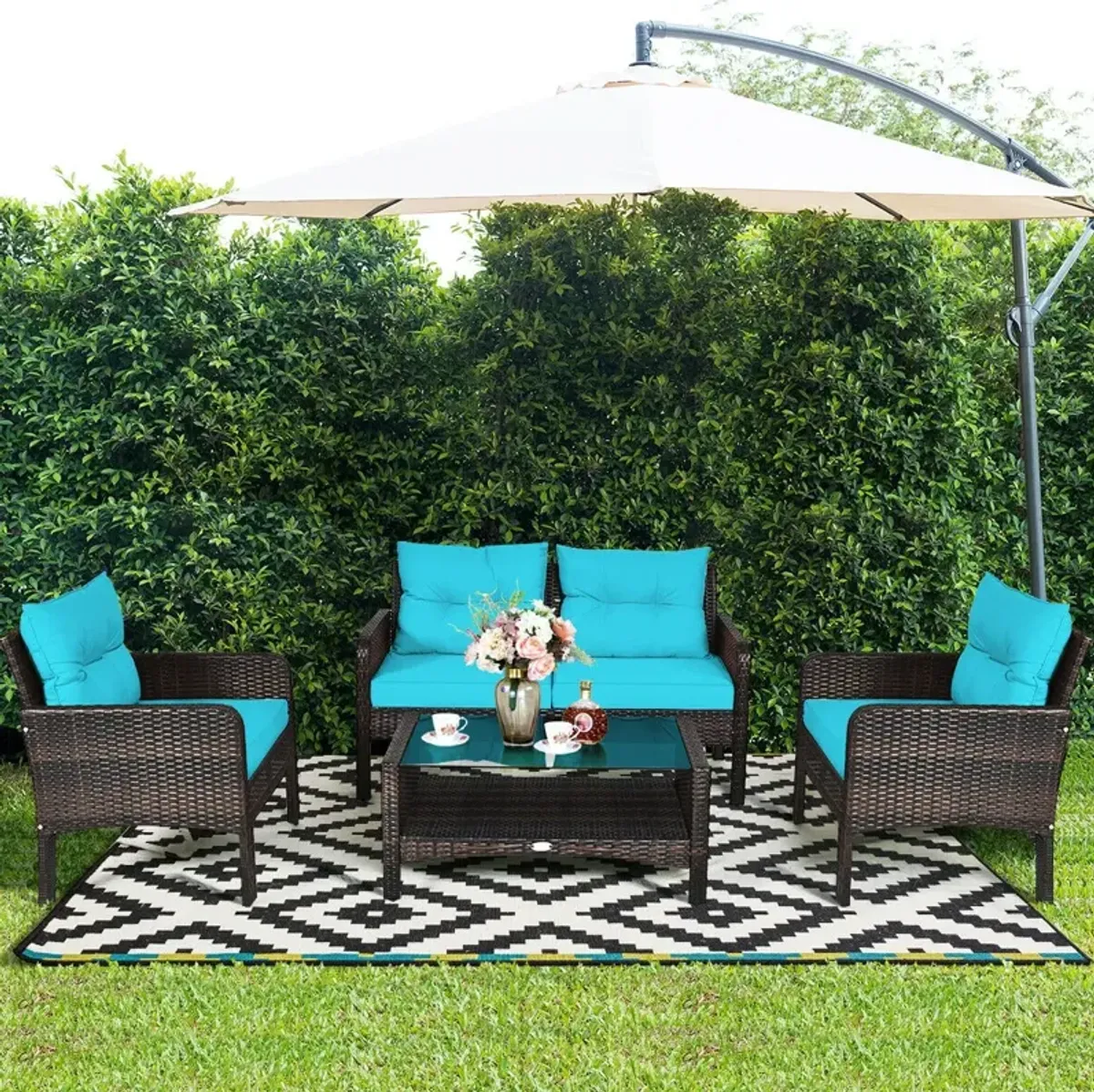 4 Pieces Outdoor Rattan Wicker Loveseat Furniture Set with Cushions