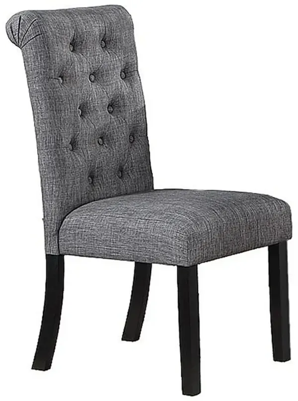 Jie 25 Inch Dining Chair, Tufted Gray Upholstery, Rolled Top, Black Wood - Benzara
