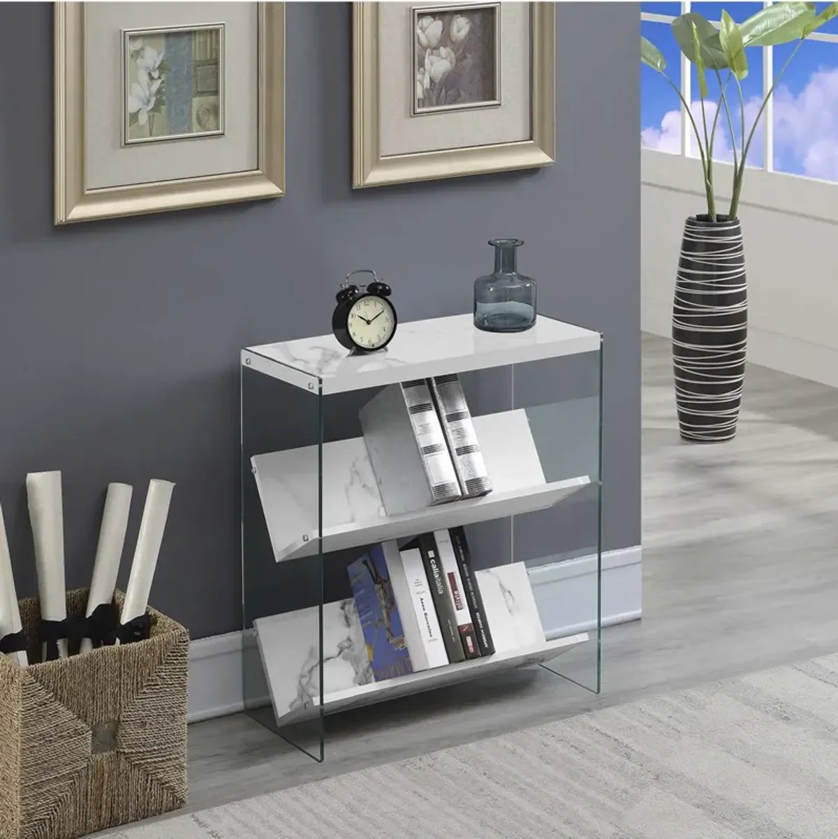 Convenience Concepts Soho Bookcase, White Faux Marble / Glass