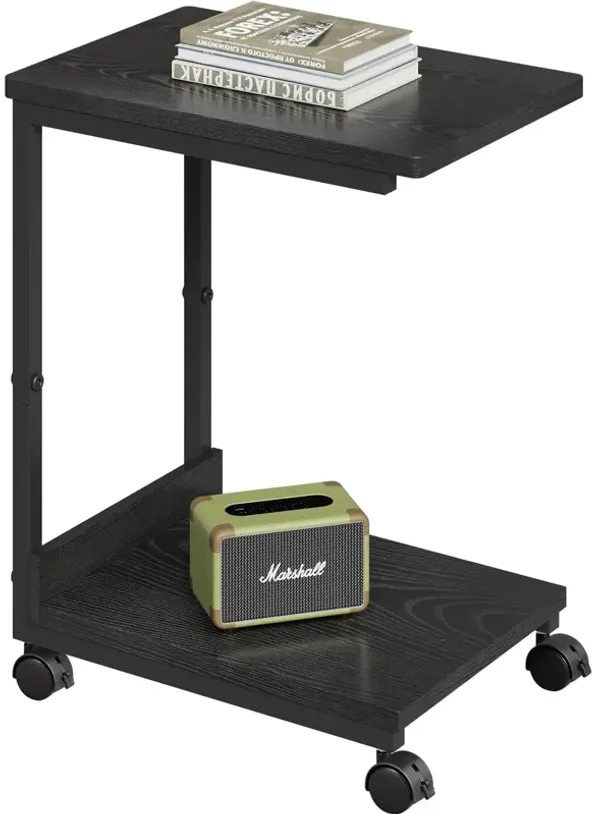 YeTom Side Table,C Table with 2-Tier Storage Shelf, End Table TV Tray with Metal Frame, Sofa Table with Wheels for Living Room,