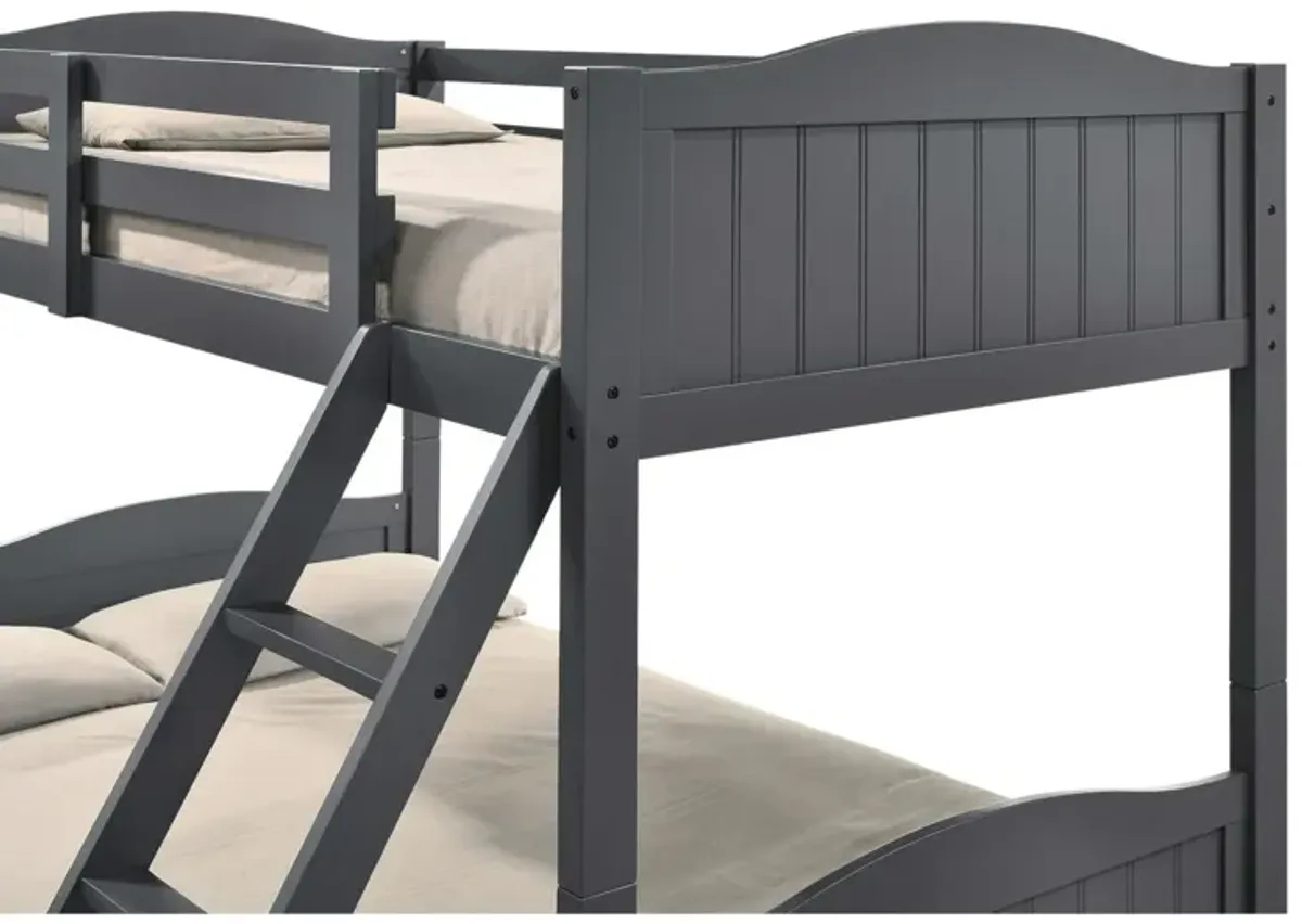 Laro Twin over Full Bunk Bed, Attached Ladder, Guard Rails, Gray Wood - Benzara