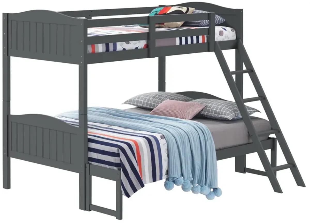 Laro Twin over Full Bunk Bed, Attached Ladder, Guard Rails, Gray Wood - Benzara