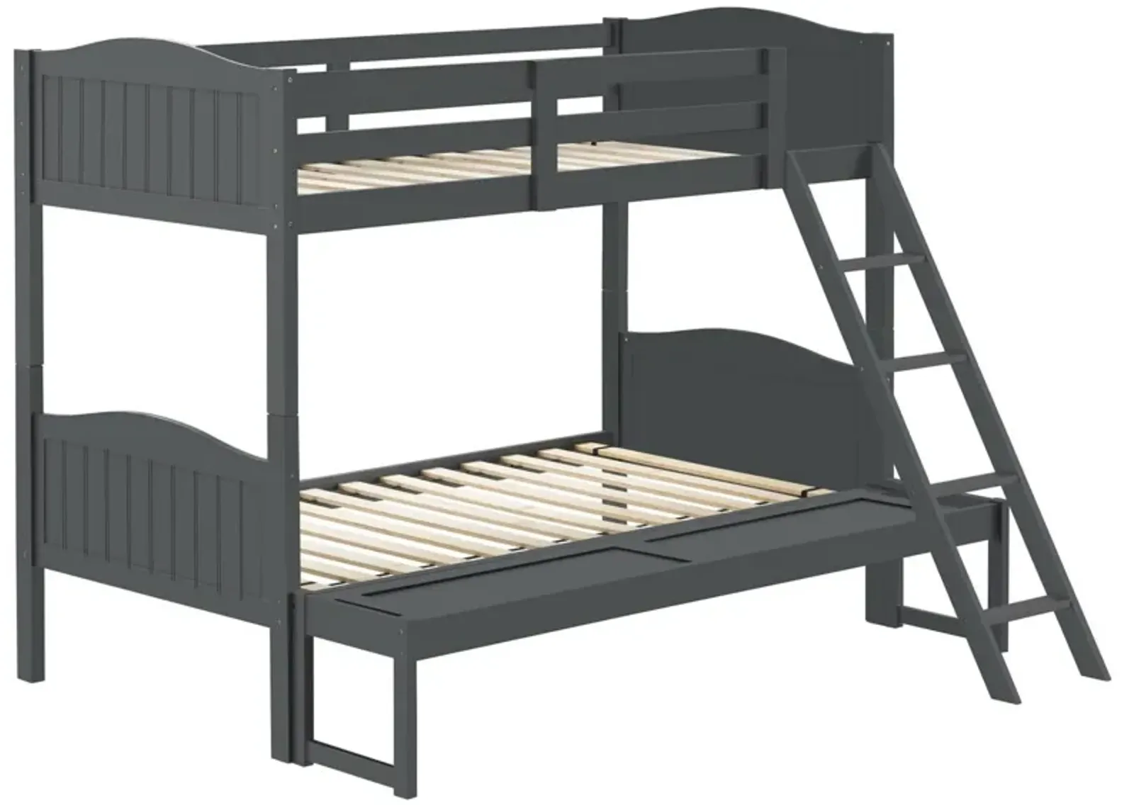 Laro Twin over Full Bunk Bed, Attached Ladder, Guard Rails, Gray Wood - Benzara