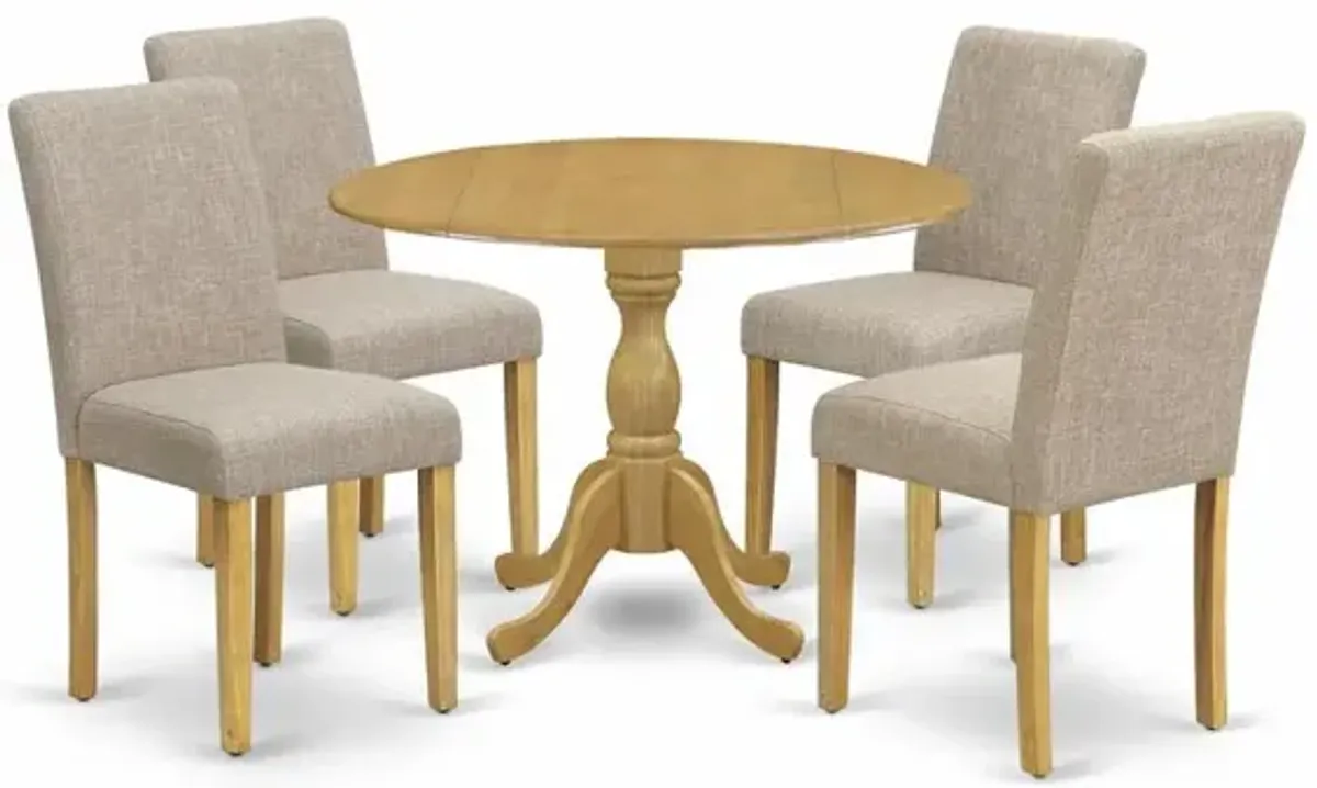 East West Furniture DMAB5-OAK-04 5 Piece Dining Room Table Set - Oak Wood Dining Table and 4 Light Tan Linen Fabric Dining Room Chairs with High Back - Oak Finish