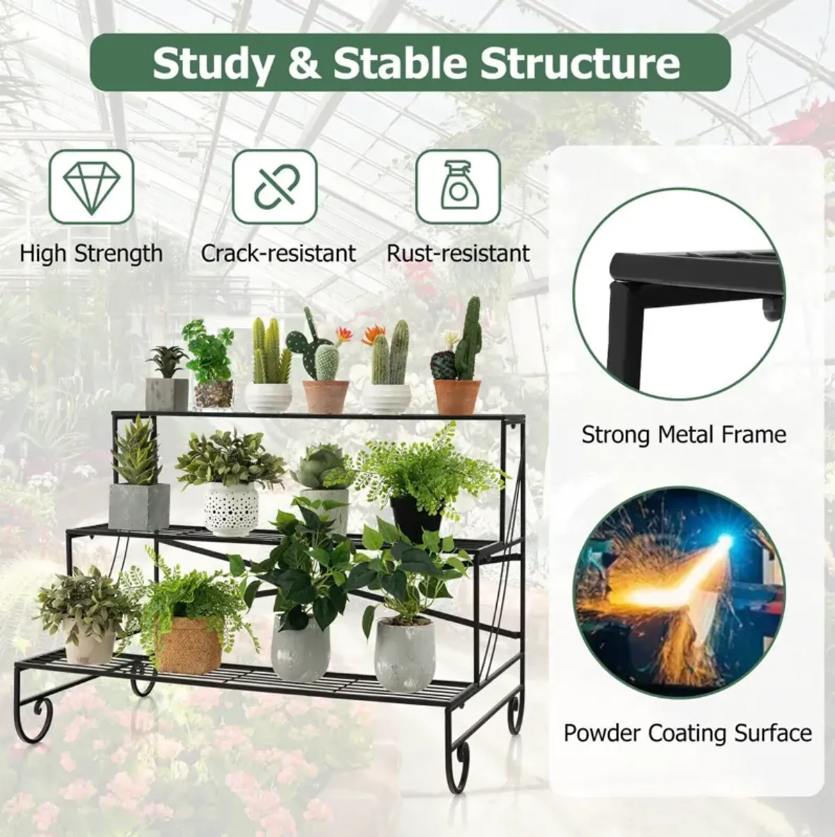 3-Tier Mental Plant Stand with Grid Shelf