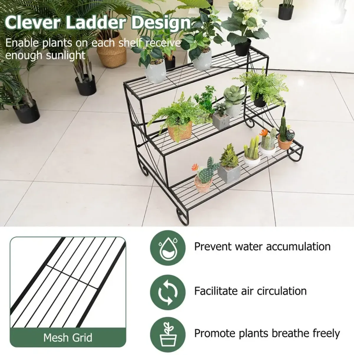 3-Tier Mental Plant Stand with Grid Shelf