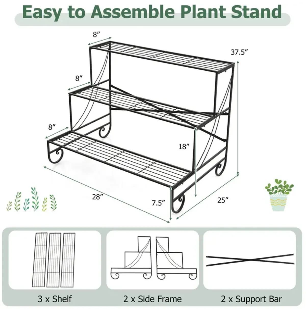 3-Tier Mental Plant Stand with Grid Shelf