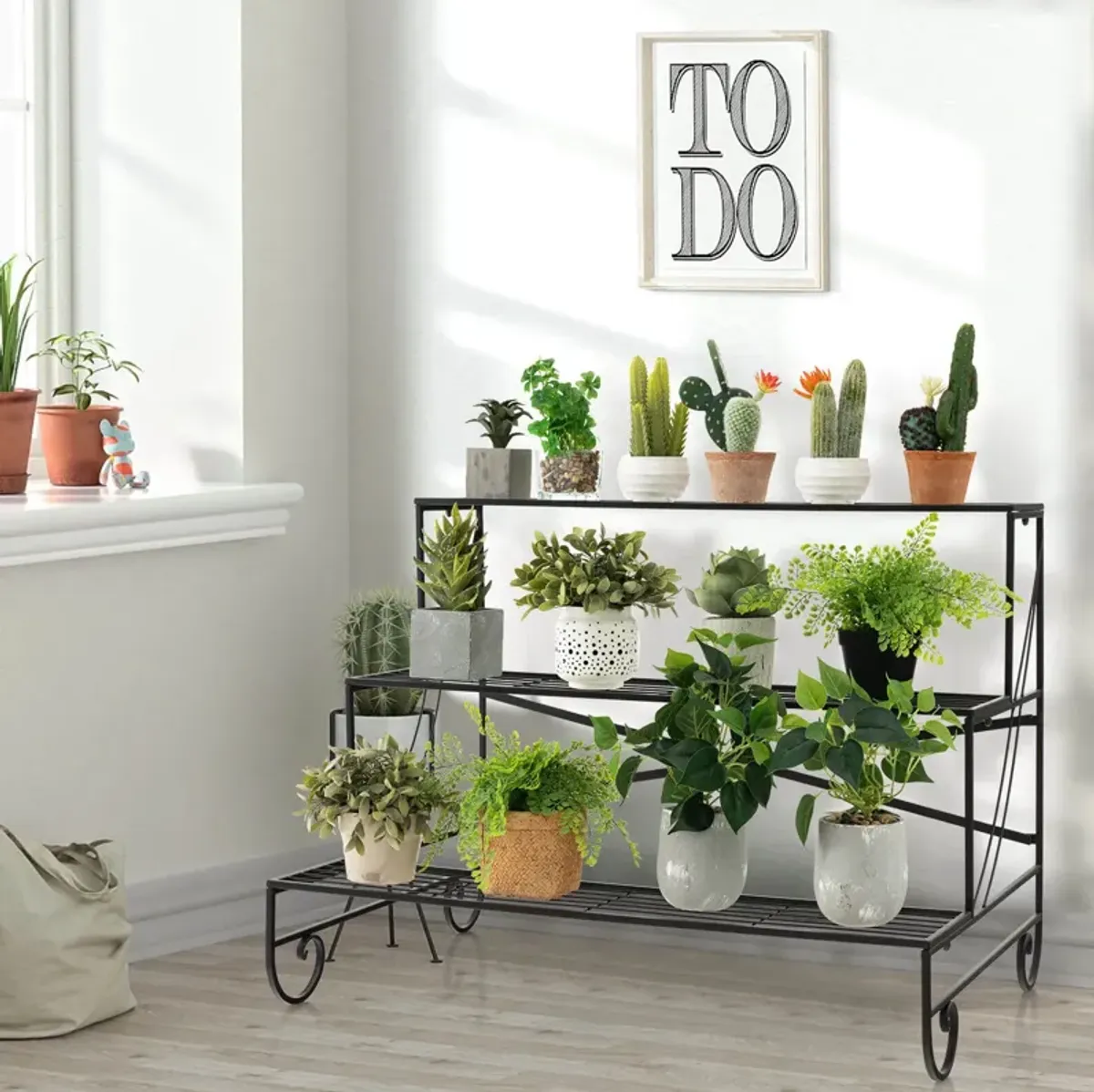 3-Tier Mental Plant Stand with Grid Shelf