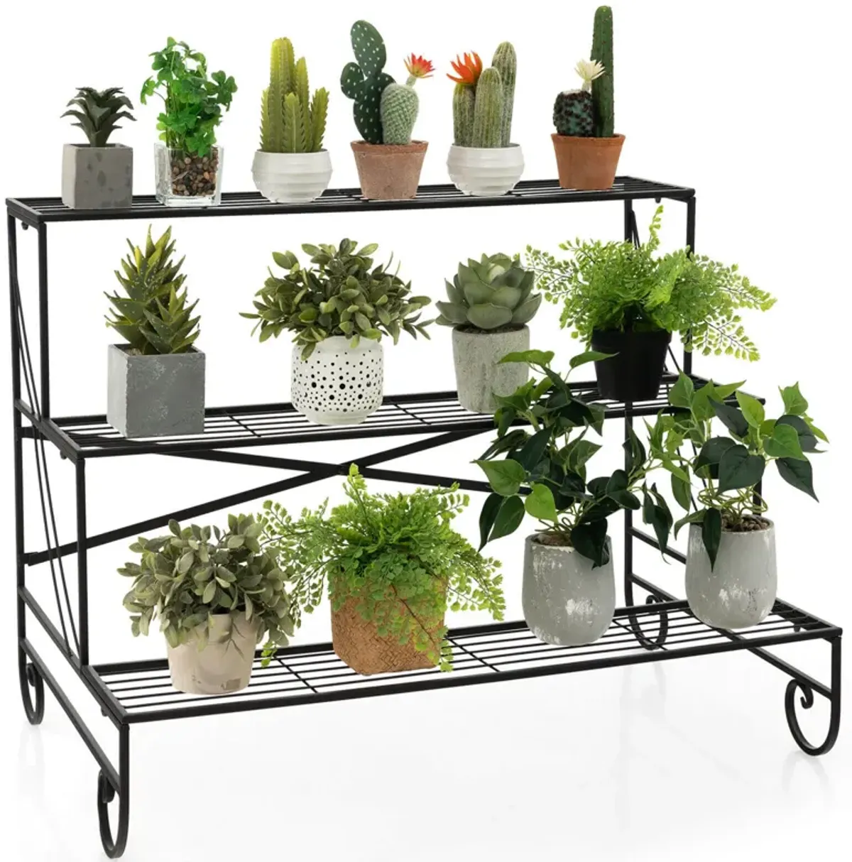 3-Tier Mental Plant Stand with Grid Shelf