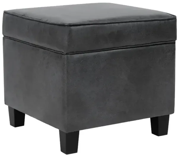 Pyp Square Storage Ottoman, 18 Inch Dark Gray Faux Leather, Black Wood - Benzara
