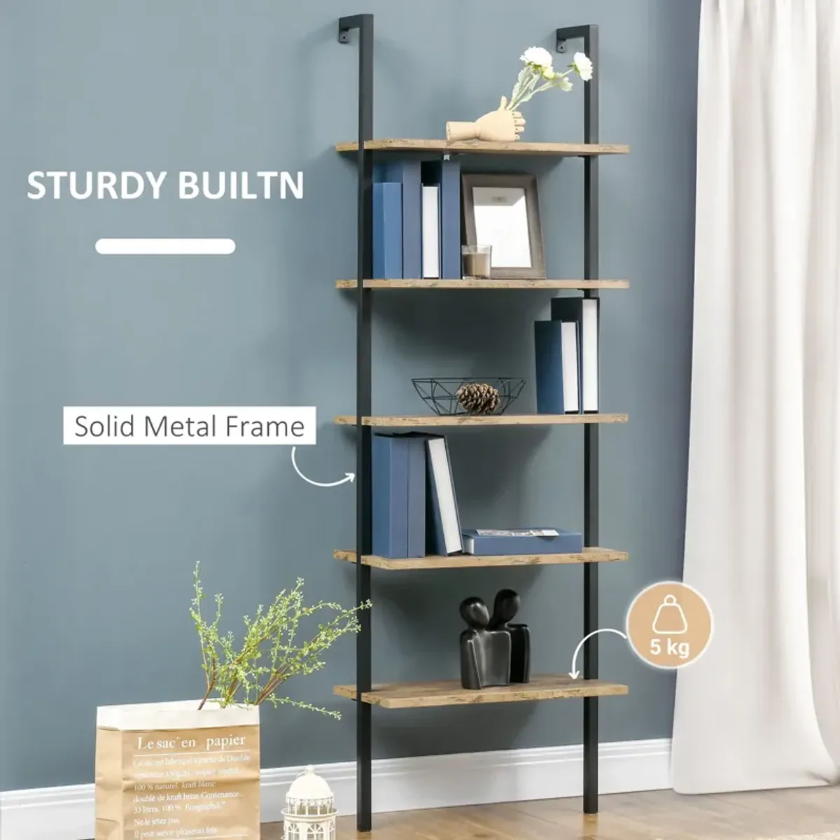 Brown Industrial Shelving: 5-Tier Wall Mount Ladder Shelf