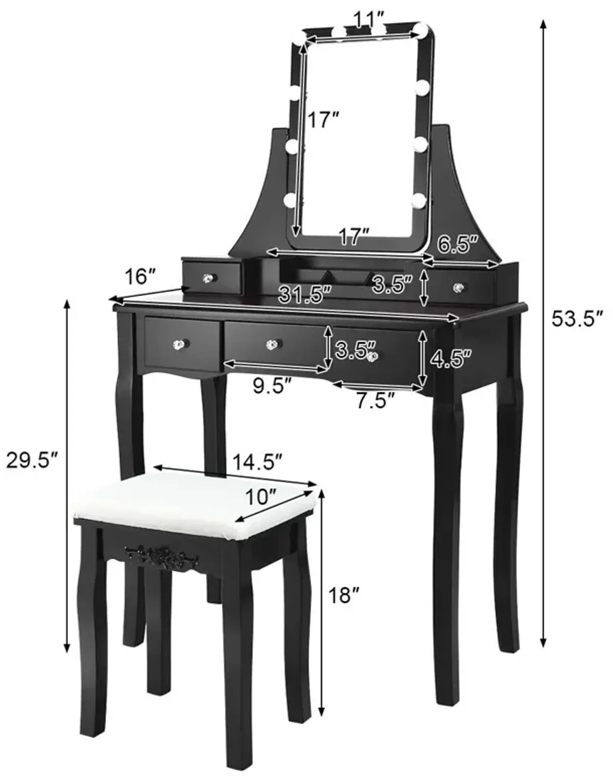 10 Dimmable Light Bulbs Vanity Dressing Table with 2 Dividers and Cushioned Stool-Black