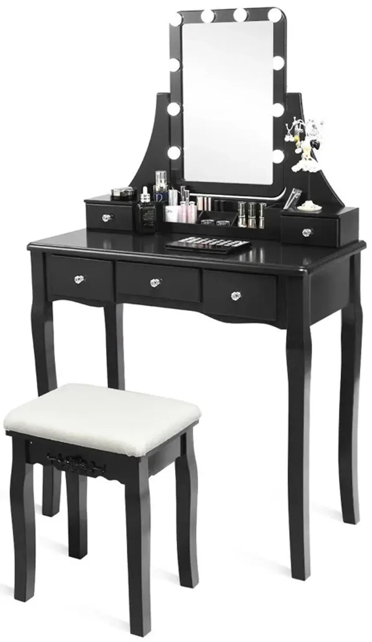 10 Dimmable Light Bulbs Vanity Dressing Table with 2 Dividers and Cushioned Stool-Black