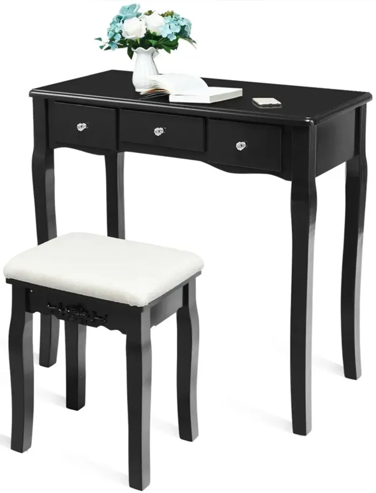 10 Dimmable Light Bulbs Vanity Dressing Table with 2 Dividers and Cushioned Stool-Black