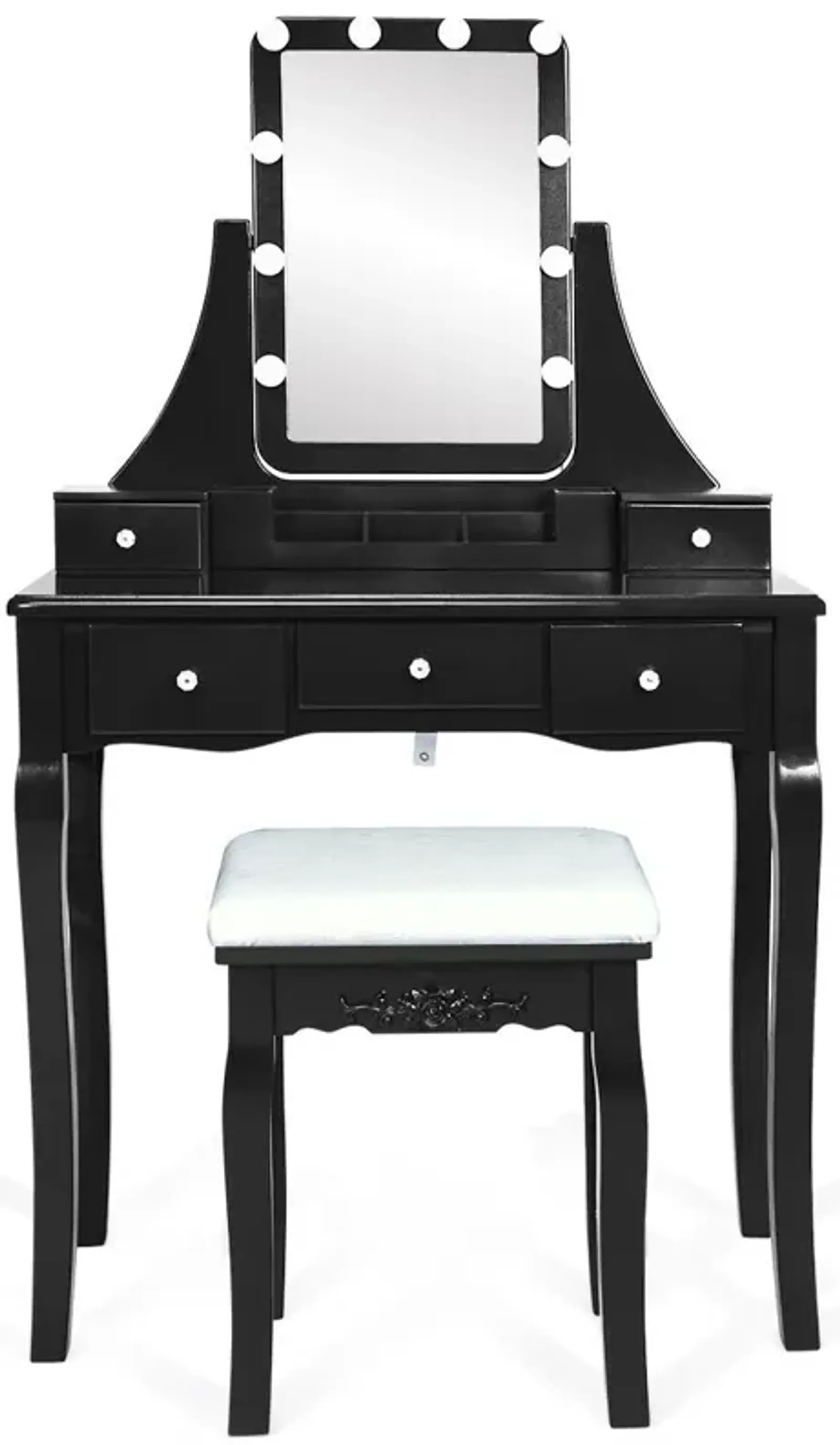 10 Dimmable Light Bulbs Vanity Dressing Table with 2 Dividers and Cushioned Stool-Black