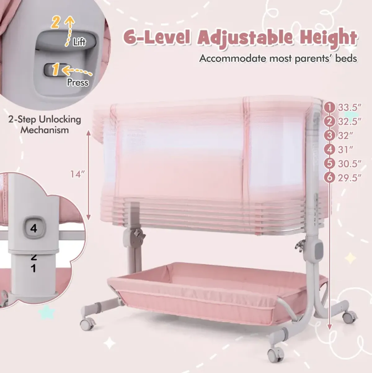 Baby Bassinet Bedside Sleeper with 6-Level Adjustable Height