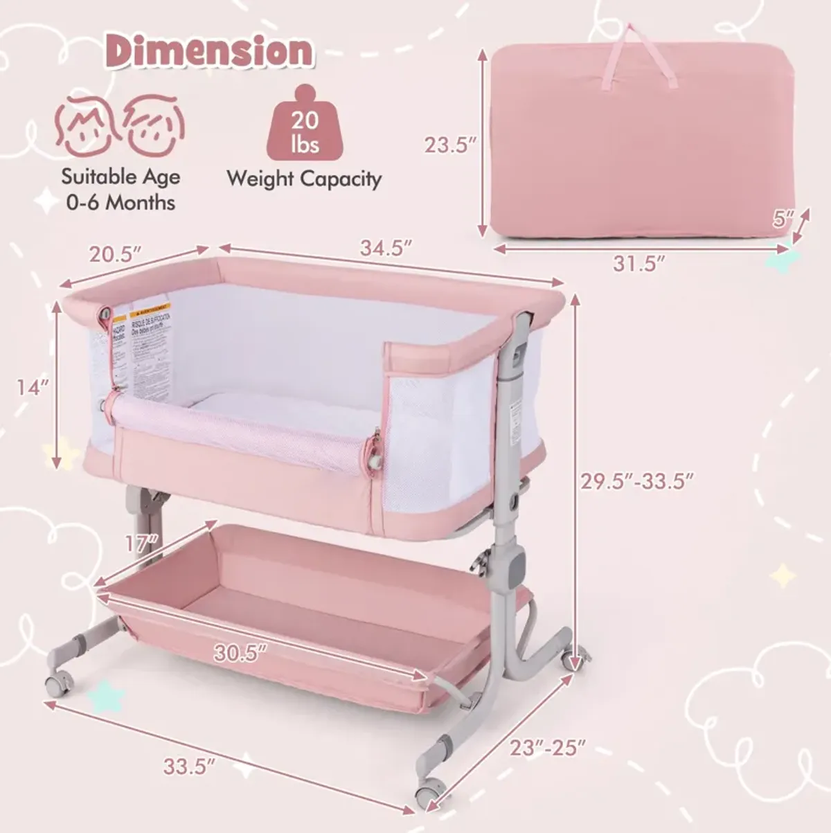 Baby Bassinet Bedside Sleeper with 6-Level Adjustable Height