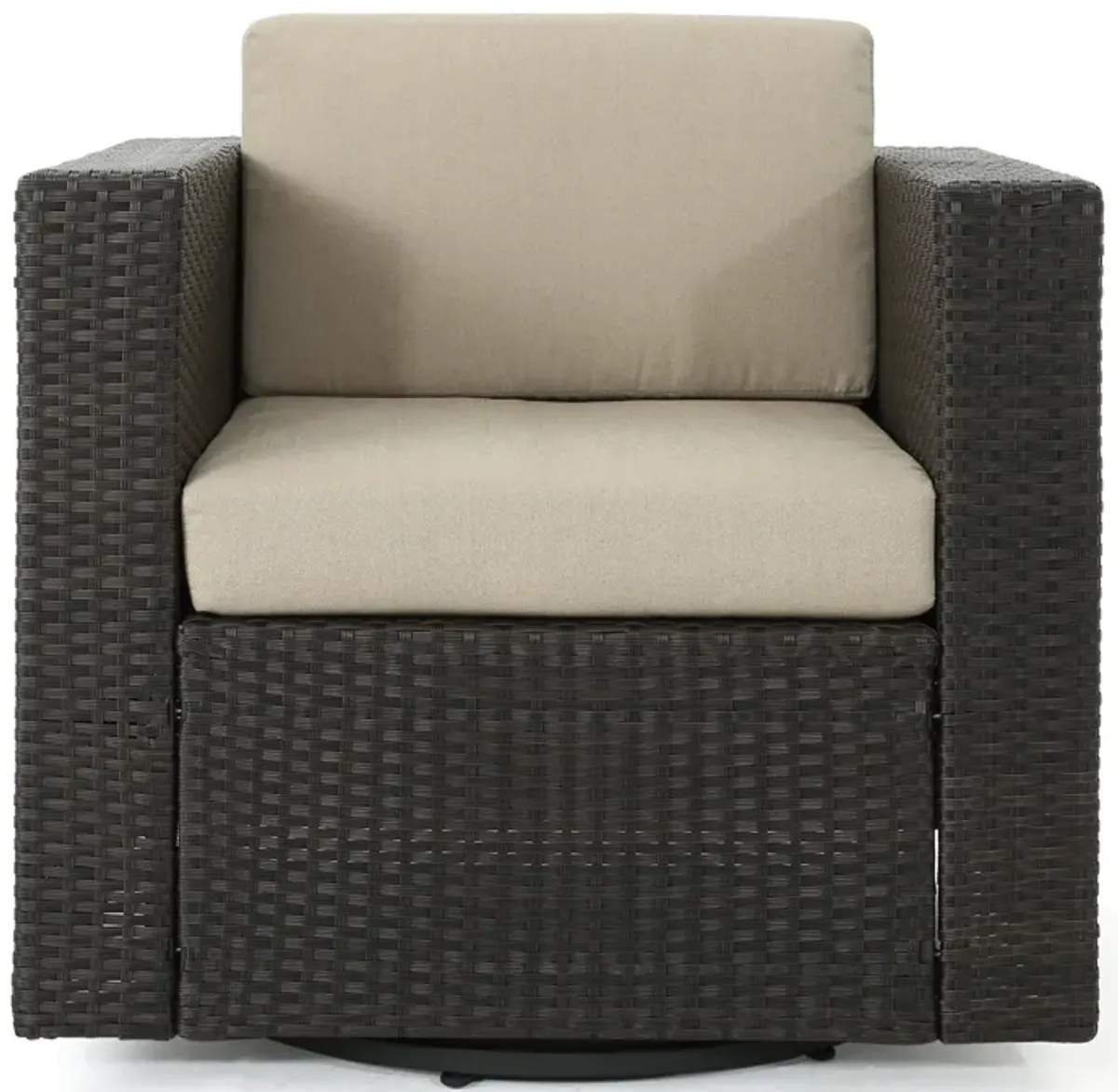 Perie Outdoor Swivel Accent Chair, Beige Fabric and Dark Brown Rattan -Benzara