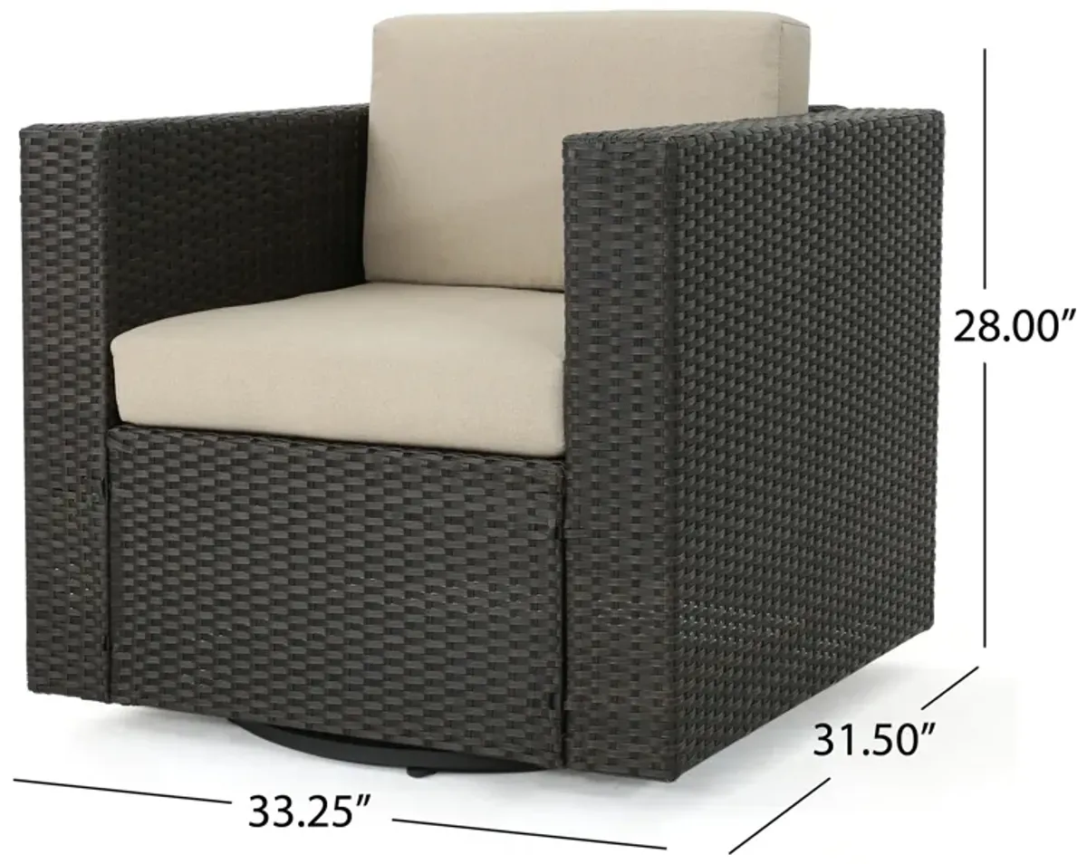 Perie Outdoor Swivel Accent Chair, Beige Fabric and Dark Brown Rattan -Benzara