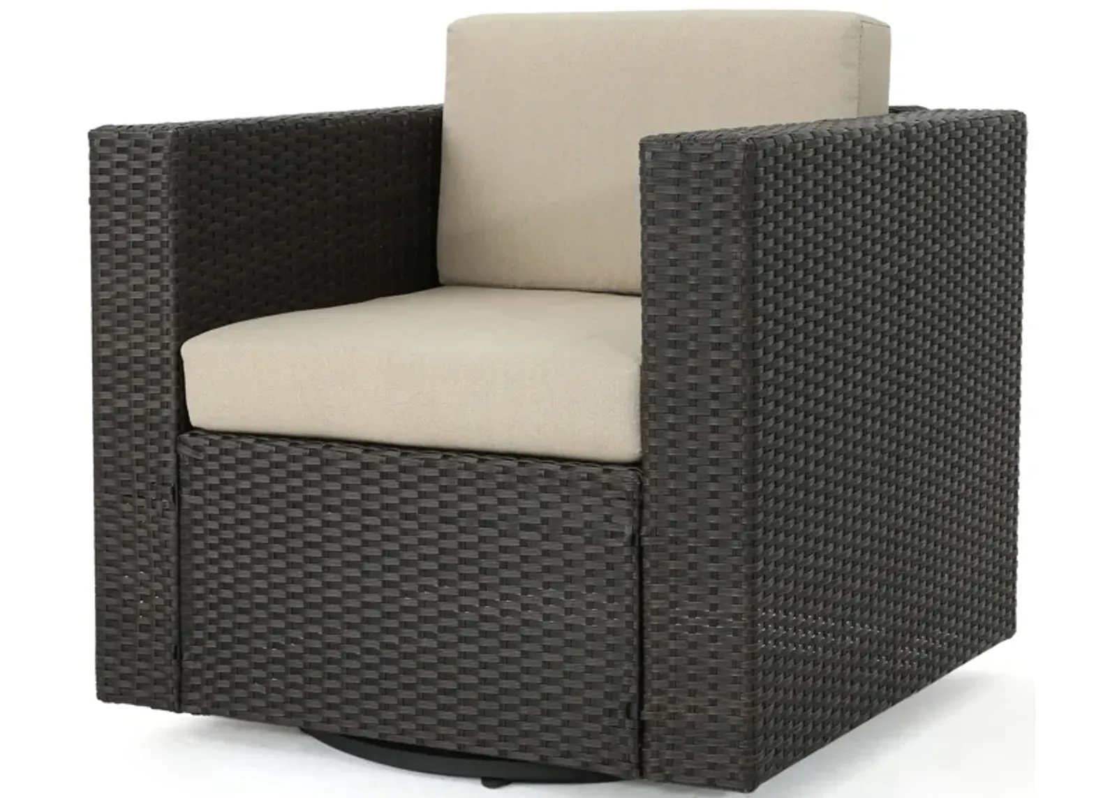 Perie Outdoor Swivel Accent Chair, Beige Fabric and Dark Brown Rattan -Benzara