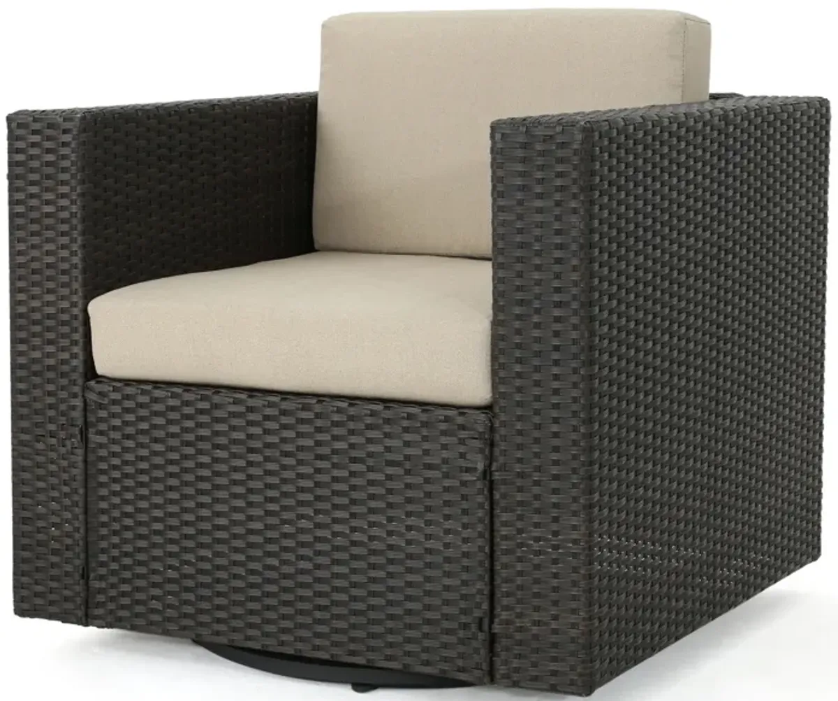 Perie Outdoor Swivel Accent Chair, Beige Fabric and Dark Brown Rattan -Benzara