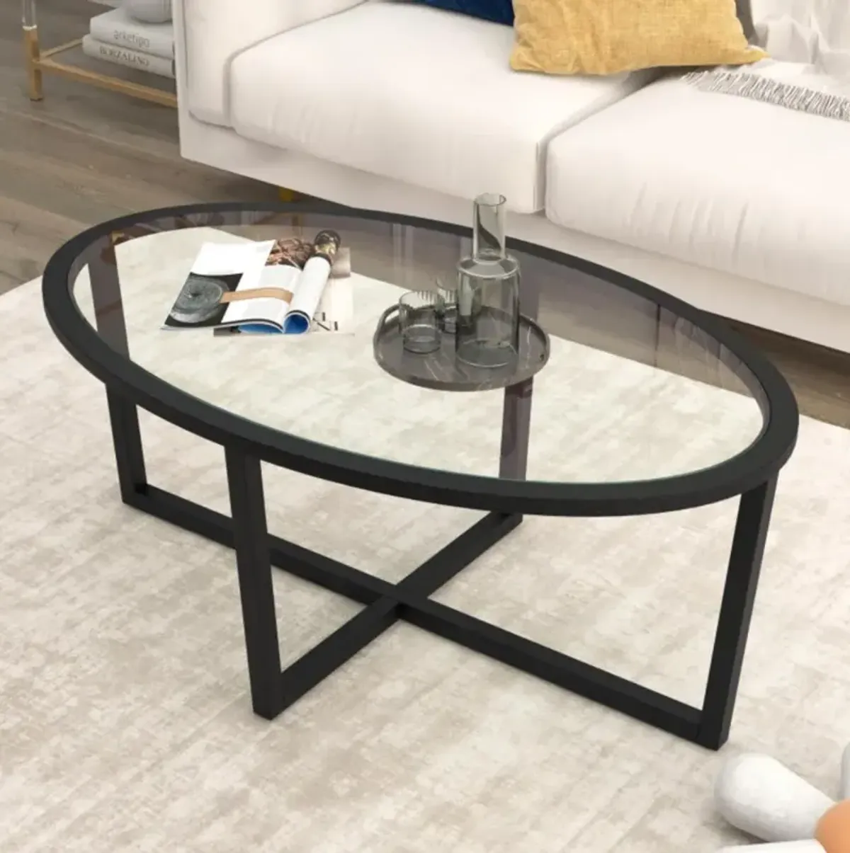 Hivvago Glass Coffee Table Oval Living Room Table with Cross Base and Acacia Wood Legs