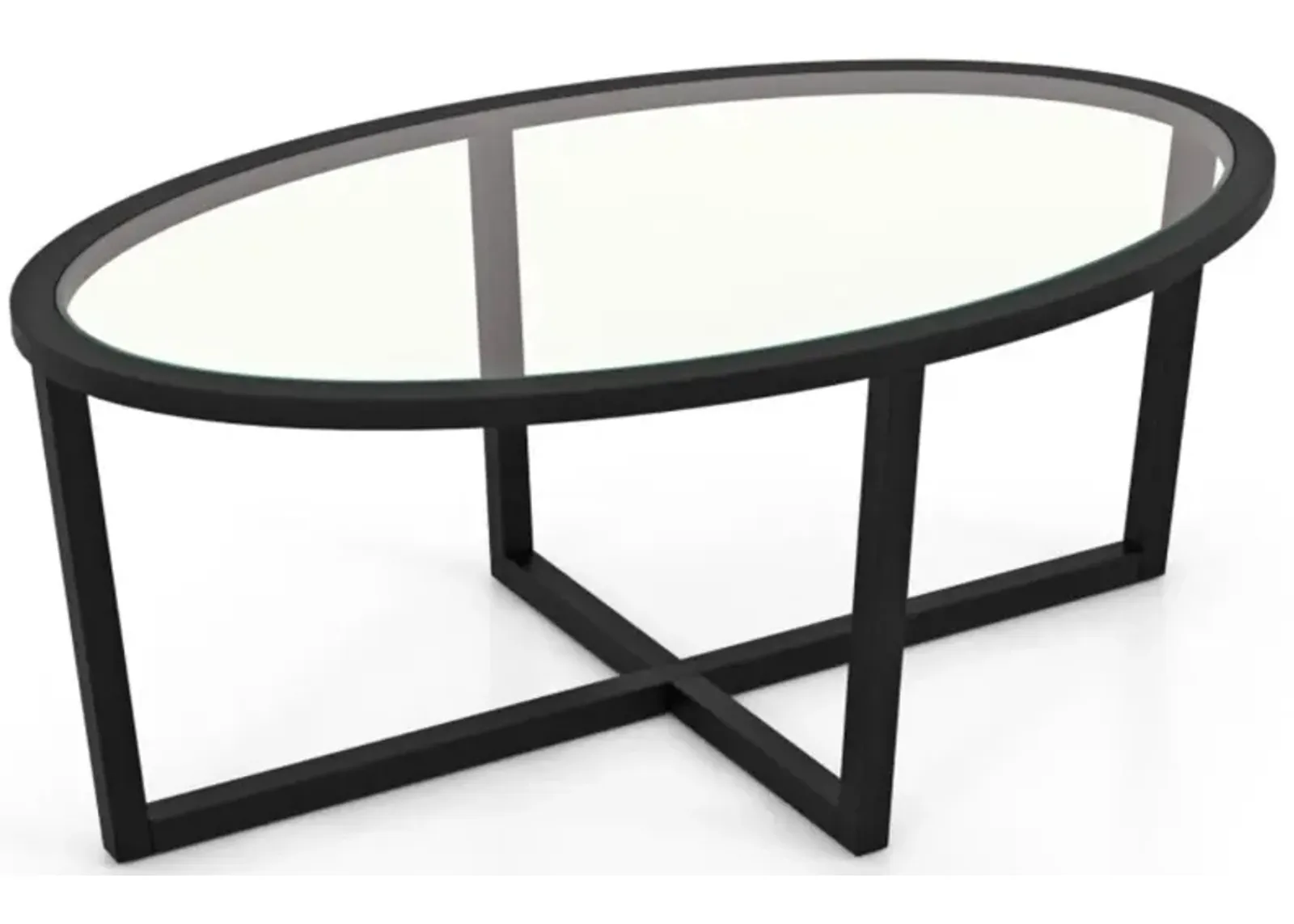 Hivvago Glass Coffee Table Oval Living Room Table with Cross Base and Acacia Wood Legs