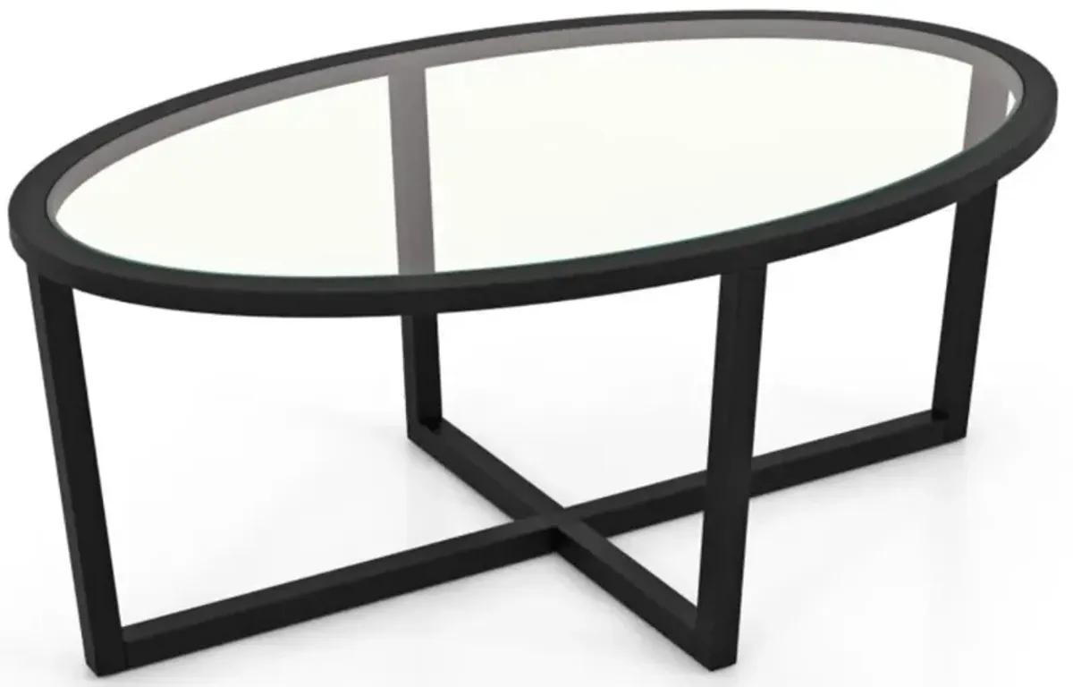 Hivvago Glass Coffee Table Oval Living Room Table with Cross Base and Acacia Wood Legs