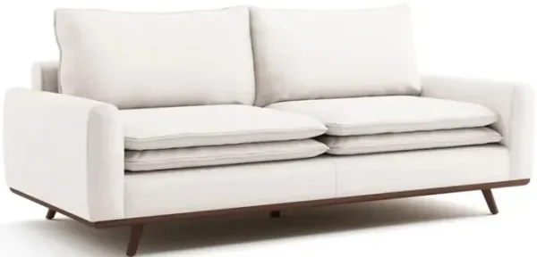 Yaana Sofa with Feather Blend Pillows, Dark Brown Wood, White 83 Inch - Benzara