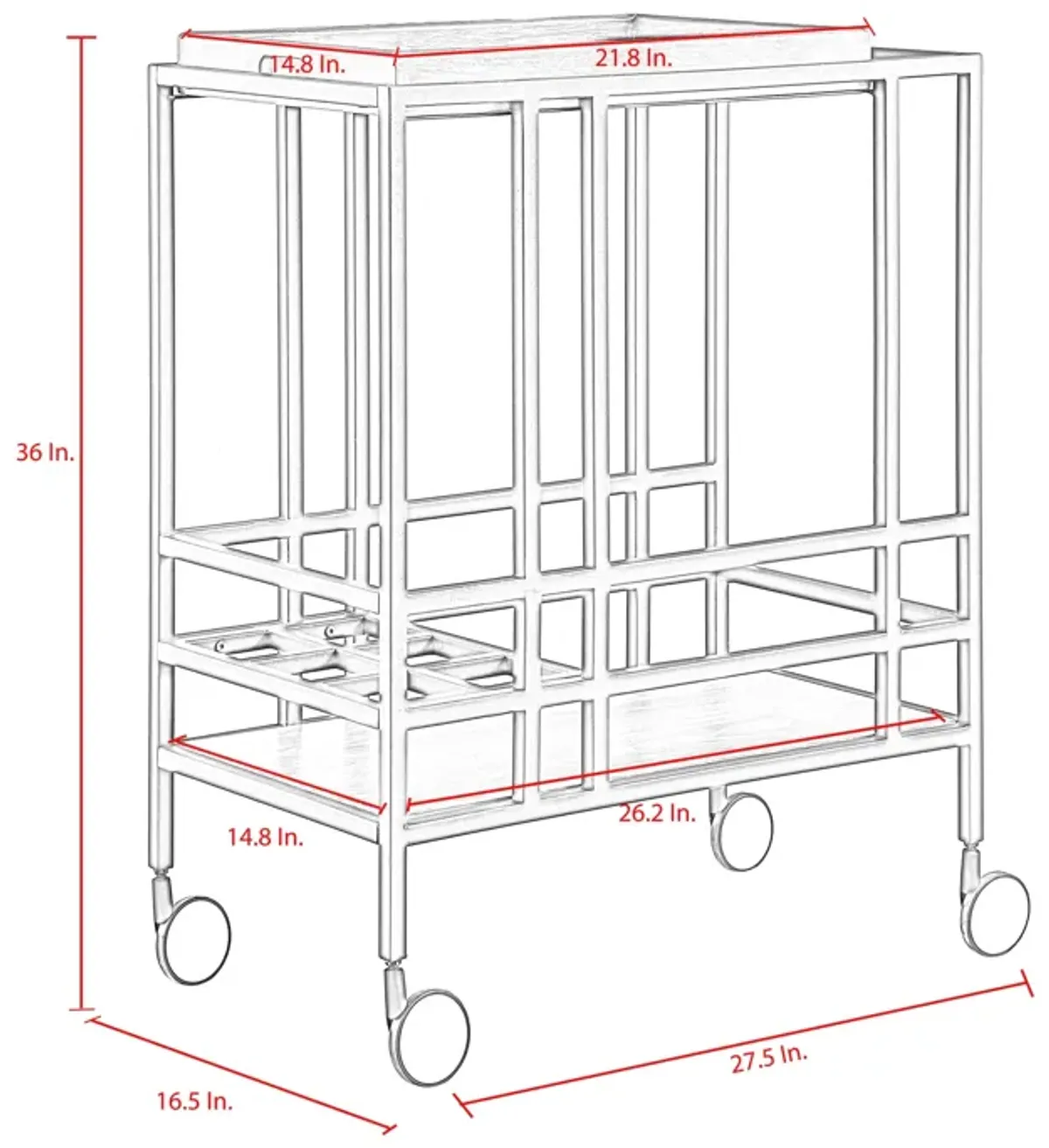 Inspired Home Ron Bar Cart Serving Tray with Caster