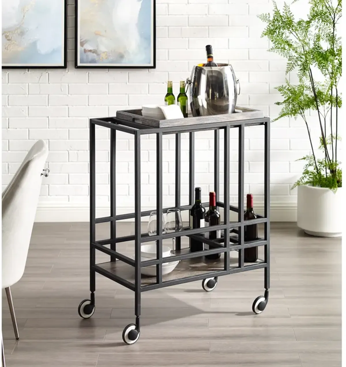 Inspired Home Ron Bar Cart Serving Tray with Caster