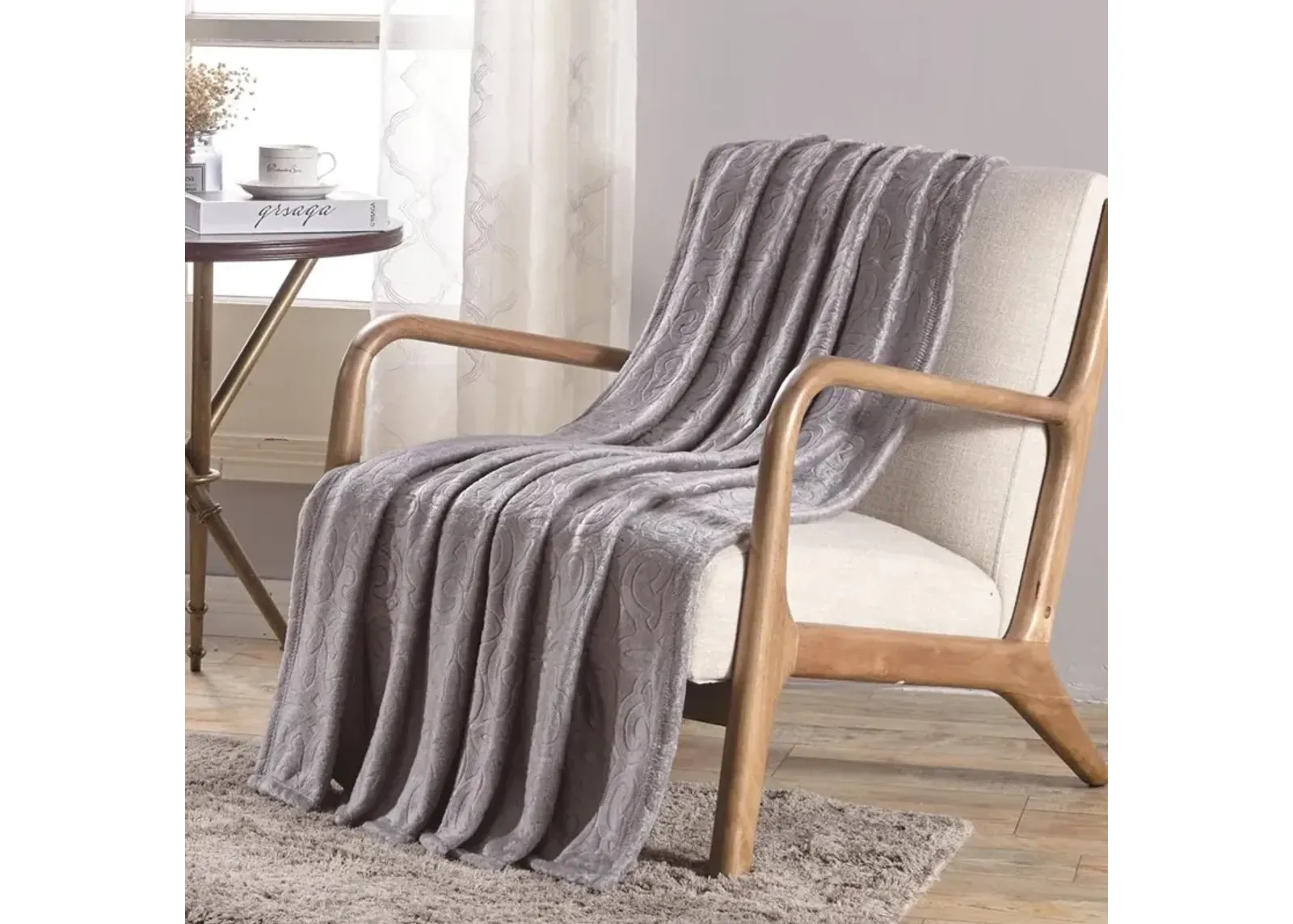 Plazatex Dama Embossed Scroll Pattern Soft And Cozy Throw Blanket - 50x60", Grey