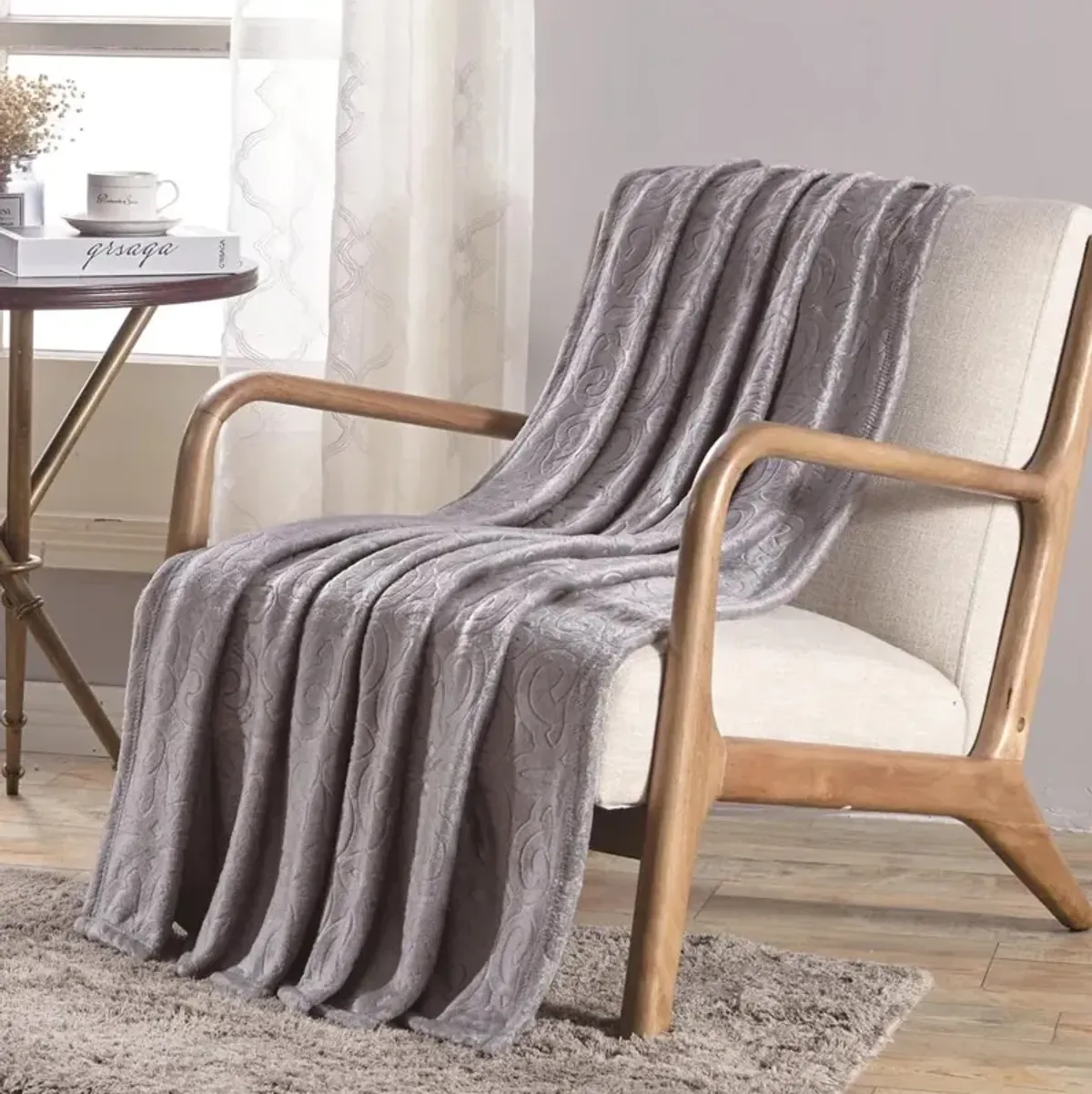 Plazatex Dama Embossed Scroll Pattern Soft And Cozy Throw Blanket - 50x60", Grey