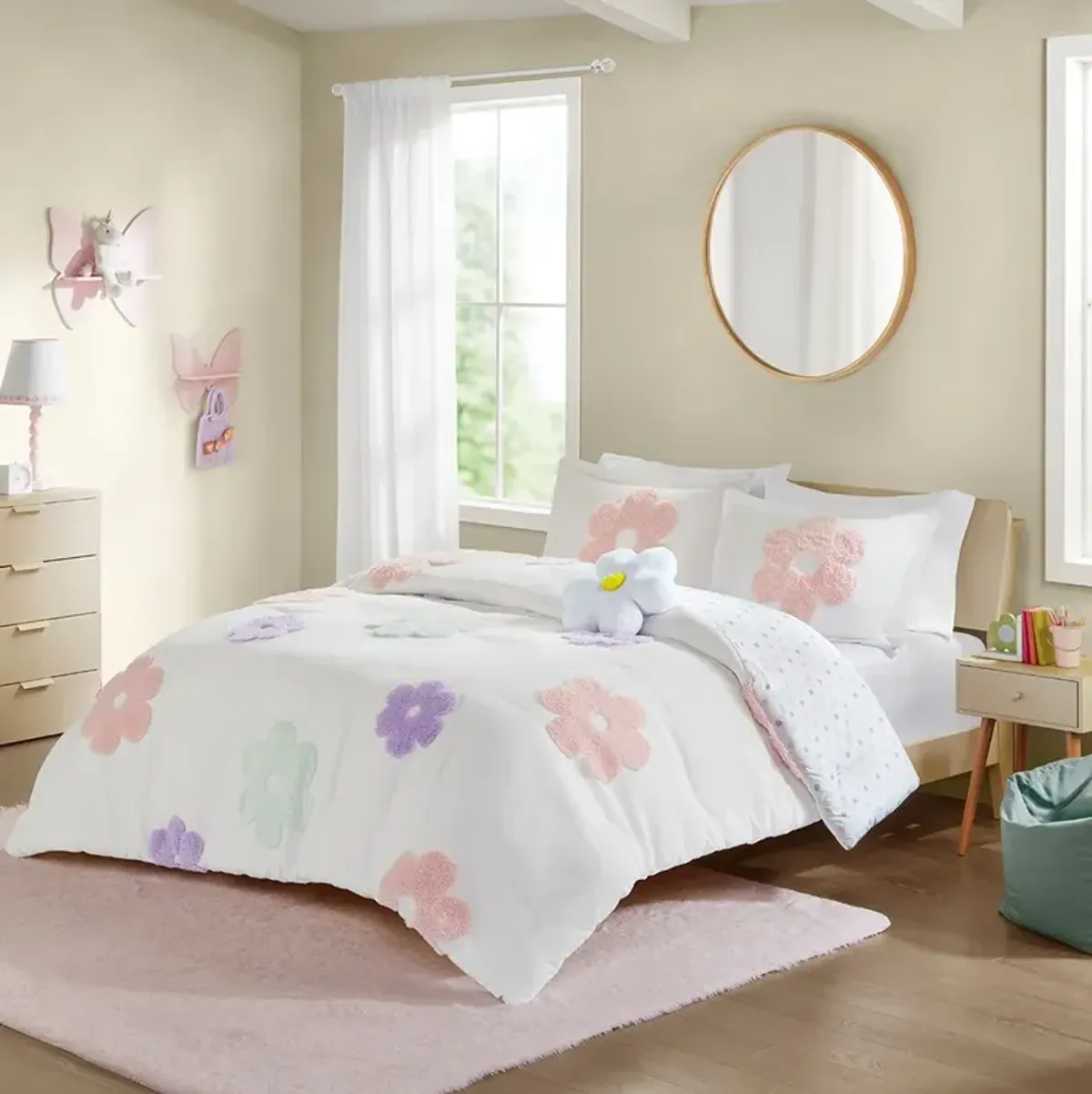 Gracie Mills Eubert Colorful Floral Reversible Chenille Comforter Set with Flower Throw Pillow