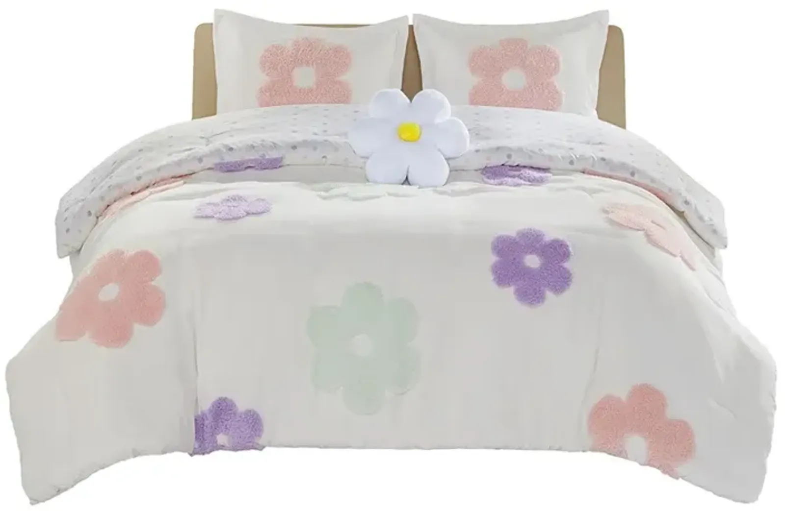 Gracie Mills Eubert Colorful Floral Reversible Chenille Comforter Set with Flower Throw Pillow