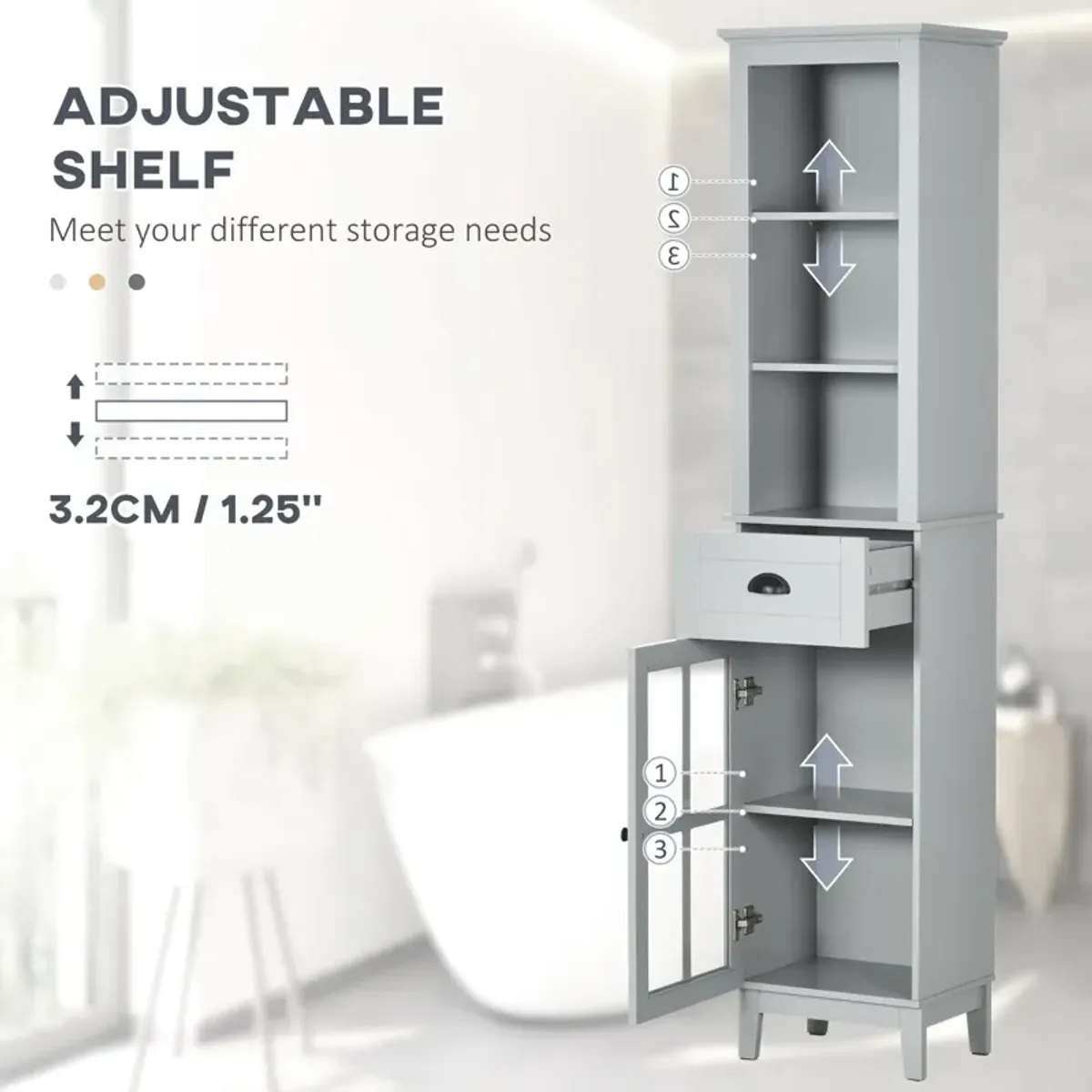 Gray Bathroom Storage: 67" Tall Linen Tower Cabinet with Glass Door