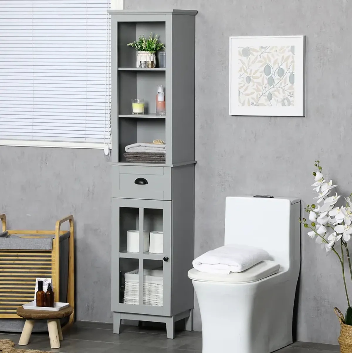 Gray Bathroom Storage: 67" Tall Linen Tower Cabinet with Glass Door