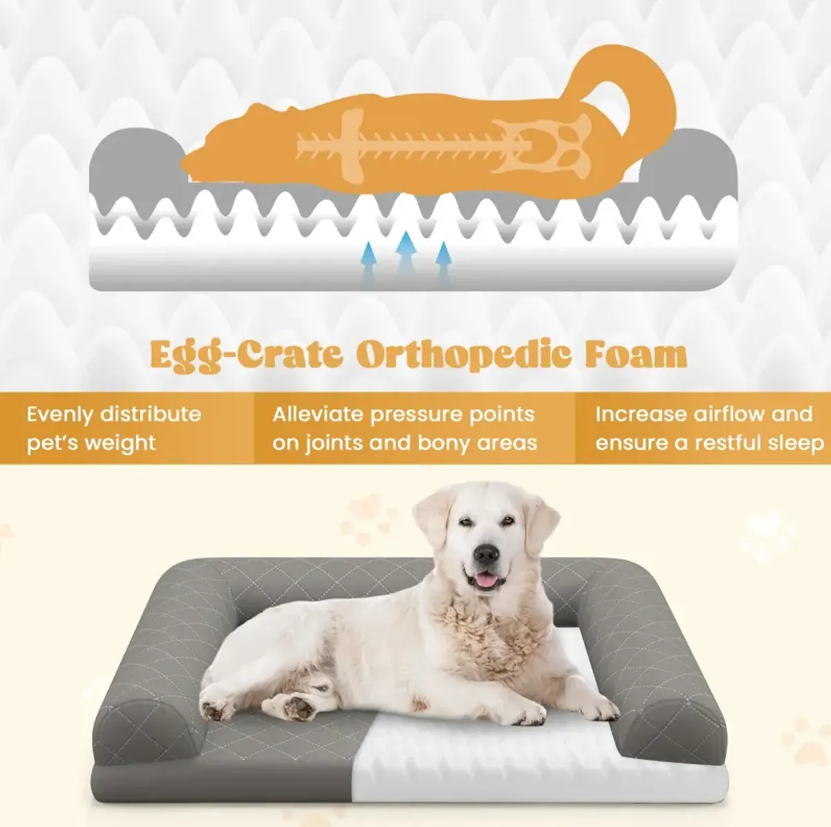 Egg-Foam Dog Crate Bed with 3-Side Bolster and Removable Washable Bed Cover