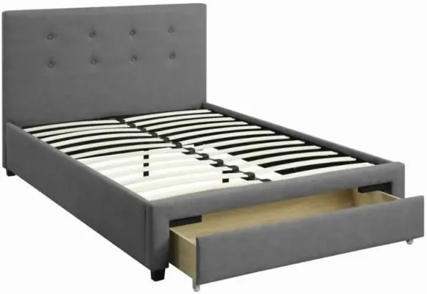Upholstered Wooden Queen Bed With Button Tufted Headboard & Lower Storage Drawer Gray-Benzara